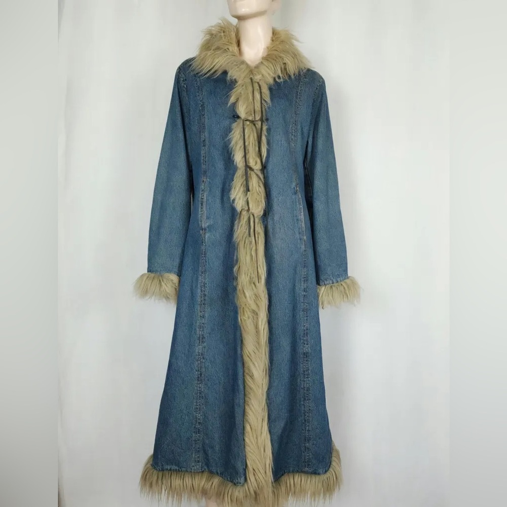 Denim FULL LENGTH Penny Lane Afghan Fur Coat- Y2K Style!